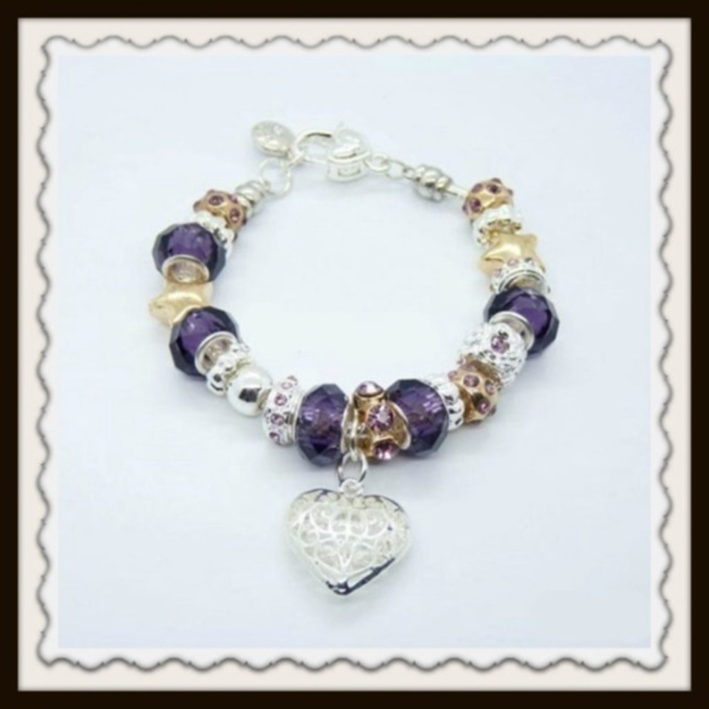 💜Heart Silver, Purple & Yellow Crystal Bracelet - Picture 3 of 3